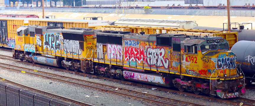 Los Angeles, California: Freight Train Graffiti at Union Pacific Railroad locomotive