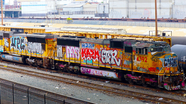 Los Angeles, California: Freight Train Graffiti at Union Pacific Railroad locomotive
