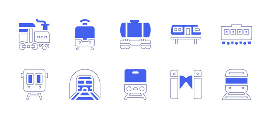 Railway icon set. Duotone style line stroke and bold. Vector illustration. Containing railway, train, tanker, turnstile, railroad.