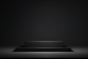 Black podium or pedestal display on dark background with long platform, Blank product shelf standing backdrop