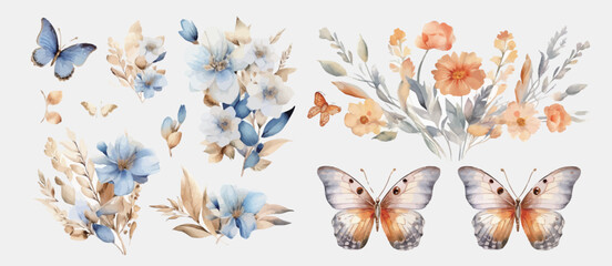 Watercolor butterflies on white background. Watercolor arrangement. Vector illustration
