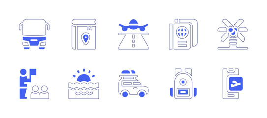 Travel icon set. Duotone style line stroke and bold. Vector illustration. Containing bus, travel guide, runway, passport, coconut tree, tour, sunset, car, bag, online booking.