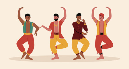 Indian man performing traditional dance illustration set. Traditional costumes. Group indian male cartoon characters. Flat vector illustration isolated on white background