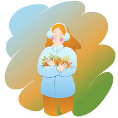 Modern vector illustration of walking girl with bouquet of autumn leaves in her hands.