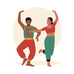 Indian couple performing traditional dance illustration set. Traditional costumes. Group indian male and female cartoon characters. Flat vector illustration isolated on white background