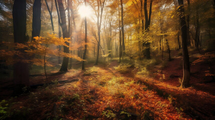 a dense broadleaf forest in autumn with sun shining bright, illustration, Generative AI