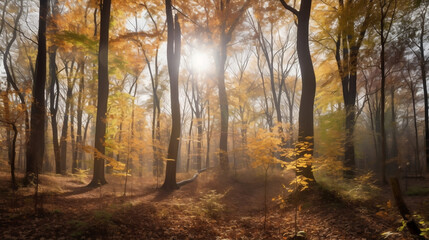 a dense broadleaf forest in autumn with sun shining bright, illustration, Generative AI