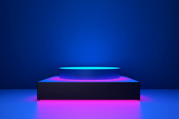 Abstract product presentation platform, pedestal podium stand with neon lights