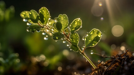 macro of young plant with drops of water in sunlight , illustration, Generative AI