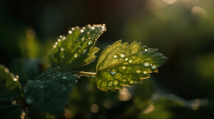 macro of young plant with drops of water in sunlight , illustration, Generative AI