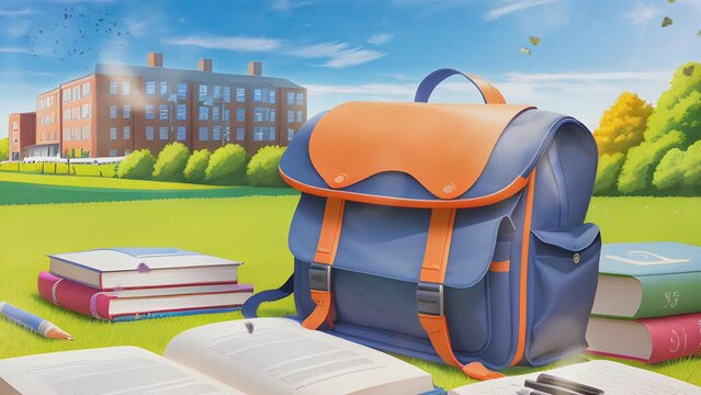 backpack and books for back to school design. Cartoon or anime watercolor painting illustration style. seamless looping 4K time-lapse virtual video animation background.