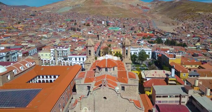Scenic aerial drone view flying over Cathedral Basilica of Potos&iacute;, Bolivia.