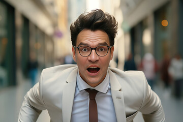 Fototapeta premium stressed businessman running on the street, generative ai