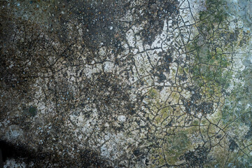 Old gray concrete deteriorated and cracked cement background. Rusted wall algae old texture background.