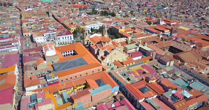 Aerial drone view of the historic silver mining city of Potosi, Bolivia in the Andes Mountains.