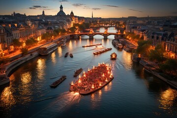 canoes in the Seine, in Paris at night, generative ai - obrazy, fototapety, plakaty