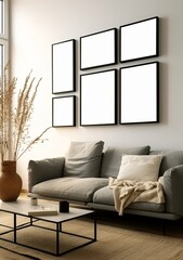 An illustration of mockup frame in Scandinavian living room interior with grey sofa, table, and decor, 3d render. Made with Generative AI technology