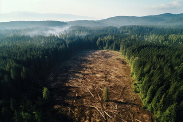 Deforestated land in a forest, drone view, Generative AI