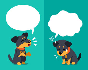 Vector cartoon character cute german hunting terrier dog expressing different emotions with speech bubbles for design.