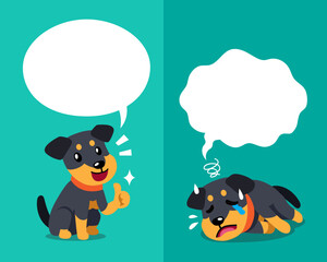 Vector cartoon character german hunting terrier dog expressing different emotions with speech bubbles for design.