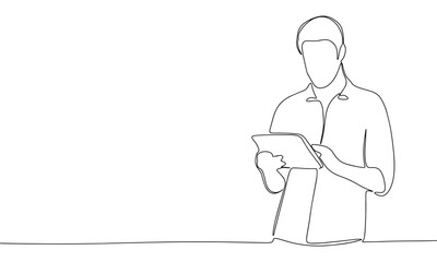 Obraz premium Silhouette of man with tablet. Concept of business banner. One line continuous minimalism vector illustraiton. Line art, outline.