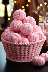 Fototapeta na wymiar On the table, a basket with pink yarn. (Generative AI)