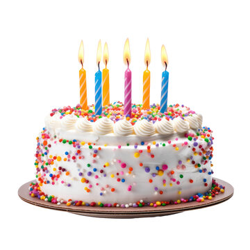 birthday cake with candles isolated on transparent background cutout