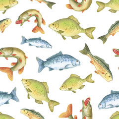 Fishing seamless pattern with fish. Watercolor cute background for fisherman. Carp, pike