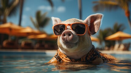 Piggy wearing sunglasses on vacation in the pool.Generative AI image