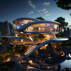 Fototapeta na wymiar Futuristic architecture design, great details, inspirational views, house from the outside, generated by AI.