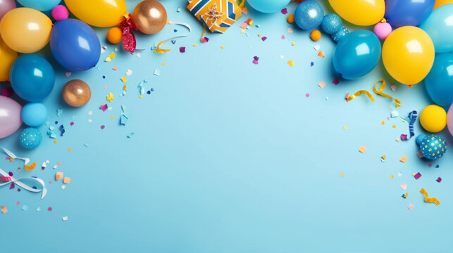 Birthday party background on blue, Top view, Frame made of colorful serpentine, balloons, candles, candies and confetti,