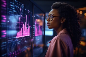 African Businesswoman working with data and tablet hologram with digital overlay for tech, statistics or stock market. generative ai