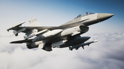 F-16 Fighting Falcon. Jet fighter flying above the clouds - obrazy, fototapety, plakaty