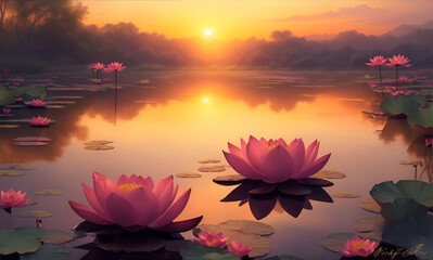 sunset over the Lotus Pond illustration, generative ai - obrazy, fototapety, plakaty