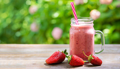 strawberry smoothie or milkshake in mason jar on wooden table with green blurred garden as...