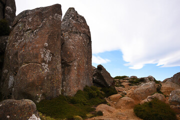 beautiful landscape vista of Mount Wellington tourist landmark in Hobart Tasmania in Australia,  with granite stones and scrubland nature