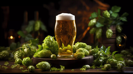 A glass of beer on a table surrounded by hops on a dark background.