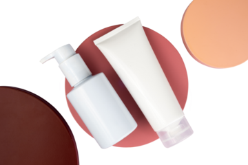 cosmetic bottle mockup display in flat lay