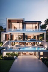 Fototapeta premium a modern house with a pool in front of it 
