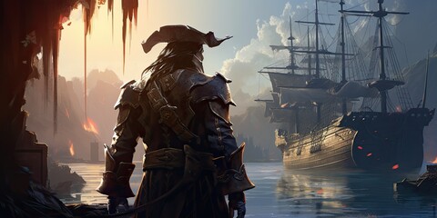 Fototapeta premium A pirate looking at a ship. Generative AI illustration