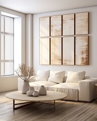 Mockup frame in a Coastal interior background, featuring a room adorned in beautiful light pastel colors, 3D render. Made with Generative AI technology