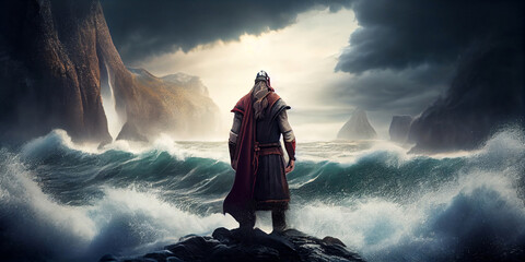A fabulous mighty viking stands on a rocky shore and looks at the raging sea, view from the back. Generative AI