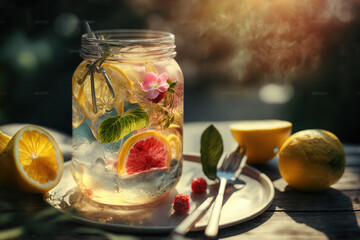 Fototapeta na wymiar refreshing cool drink, fruits infused water on outdoors table