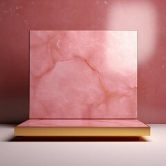 ローズピンクのマーブルの四角い展示台があるテンプレート。秋冬用正方形抽象背景バナー。AI生成画像