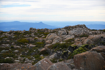 beautiful landscape vista of Mount Wellington tourist landmark in Hobart Tasmania in Australia,  with granite stones and scrubland nature