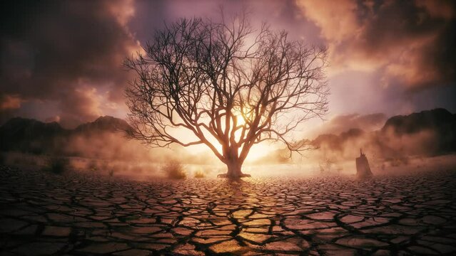Climate change, global warming. Withered tree in the desert. Dry mud and Cracked earth with dead plant