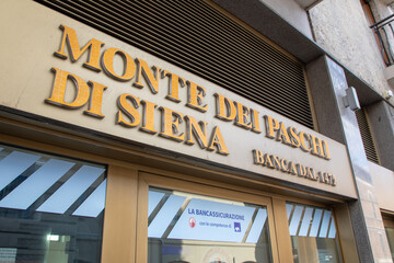 Fototapeta premium monte paschi di siena bancassicurazione from axa logo brand and text sign Italian bank office facade agency