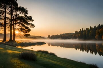 The sun slowly rises, casting a soft golden glow over the lake. Towering evergreen trees surround the lake's banks, their reflection gently rippling in the water. 