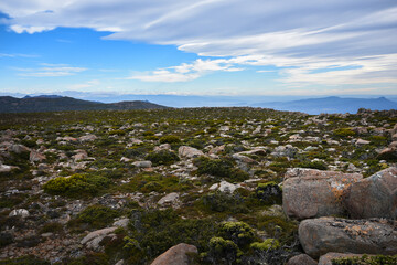 beautiful landscape vista of Mount Wellington tourist landmark in Hobart Tasmania in Australia,  with granite stones and scrubland nature