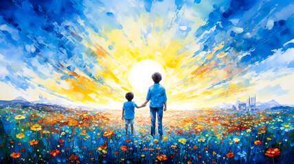 Fototapeta premium Illustration painting of happy relationship moment with kid or child,friendship or family in colorful flower field blooming.background for book cover.generative ai technology